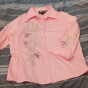 Christine Alexander Crystalli Long Pink Shirt Sz L, palm embellishments